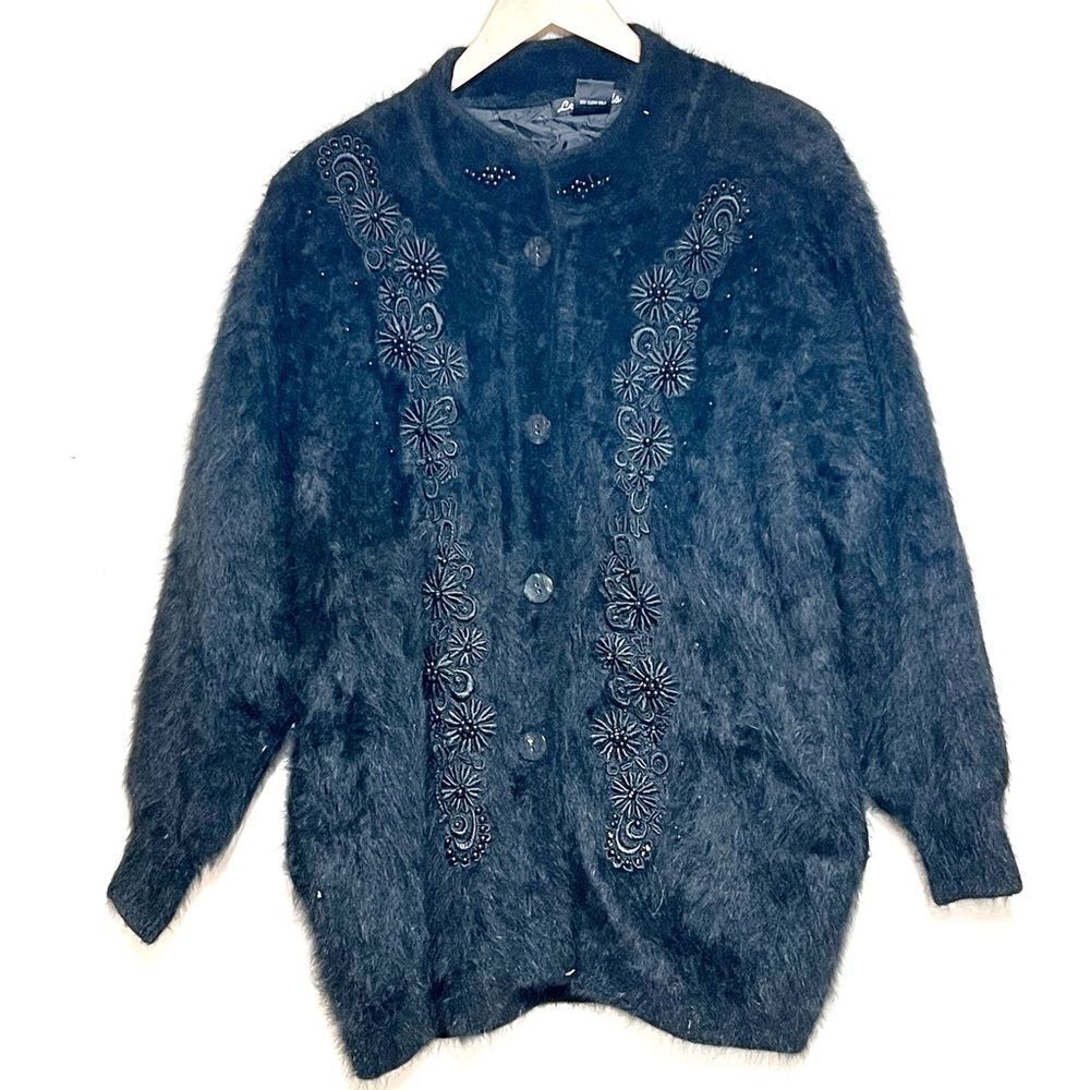 Lee Sands vintage Black Embroidered rabbit angora Hair Blend sweater coat Sz L